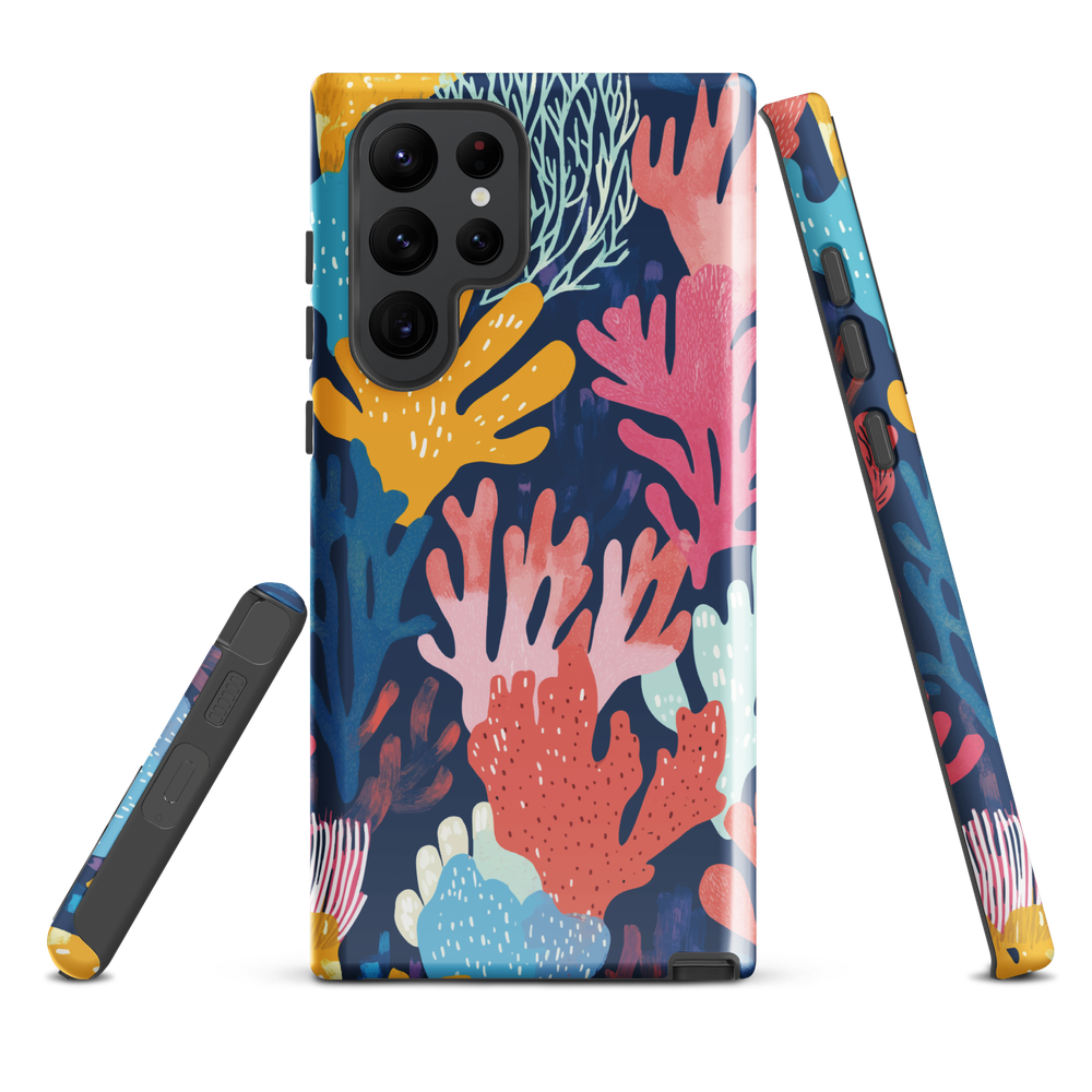 Colourful coral reef phone case design in pink, blue and yellow by NZ artist Ben Hart