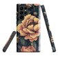 Phone case with vintage-style pink roses and bees on dark background, floral New Zealand artwork.
