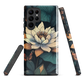 Phone case with ivory water lily, green leaves, and butterfly accents on dark background