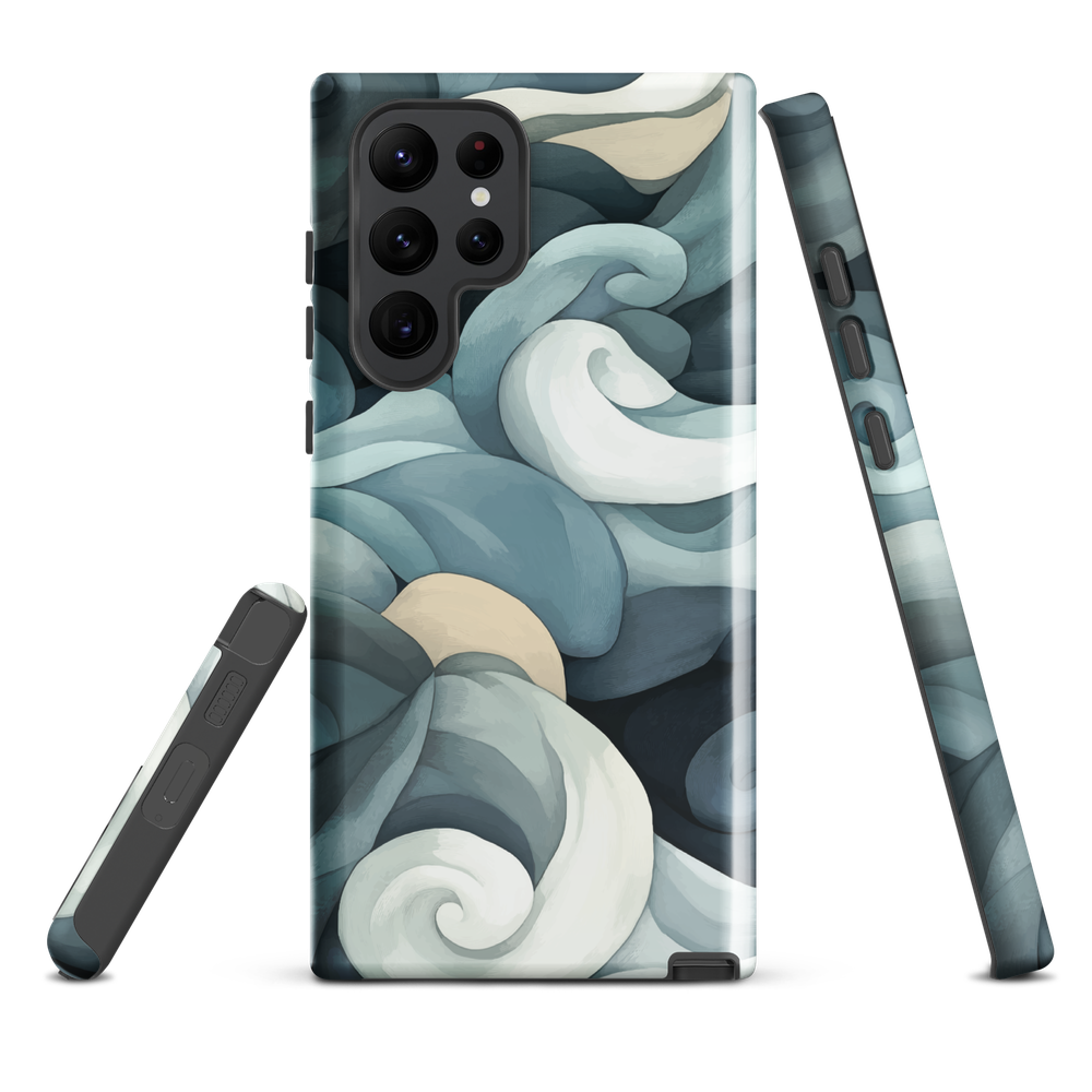 Phone case with abstract swirling ocean waves in blue and cream