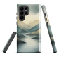 Phone case with soft mountain and valley design in misty green, blue, and golden tones
