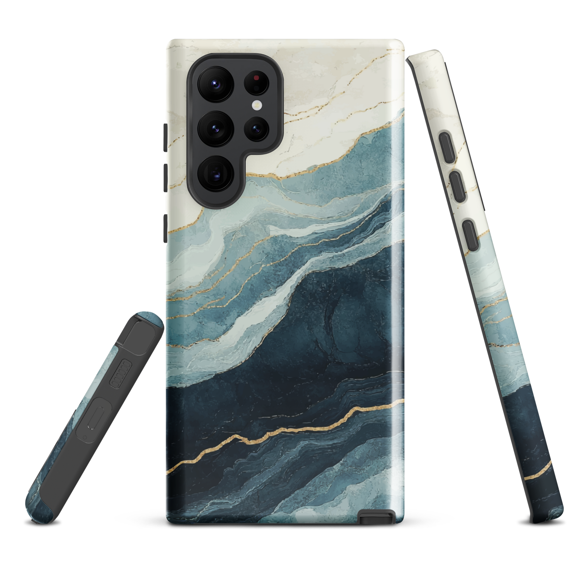 An elegant abstract phone case inspired by layered coastal forms in blue and teal tones.