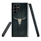 Longhorn skull set against a dark, textured backdrop - protective phone case.