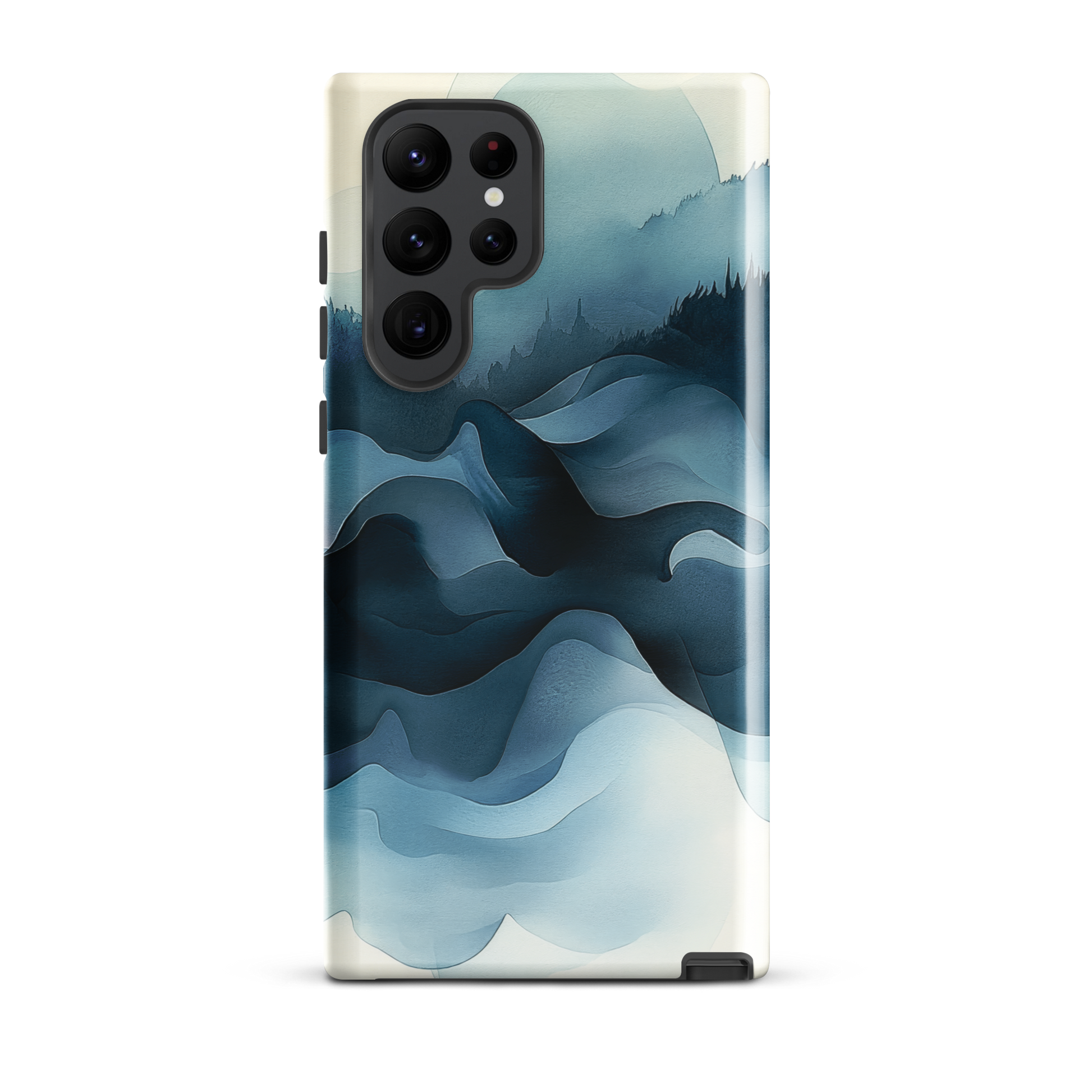 A calming abstract landscape phone case inspired by quiet valleys and soft blue tones.