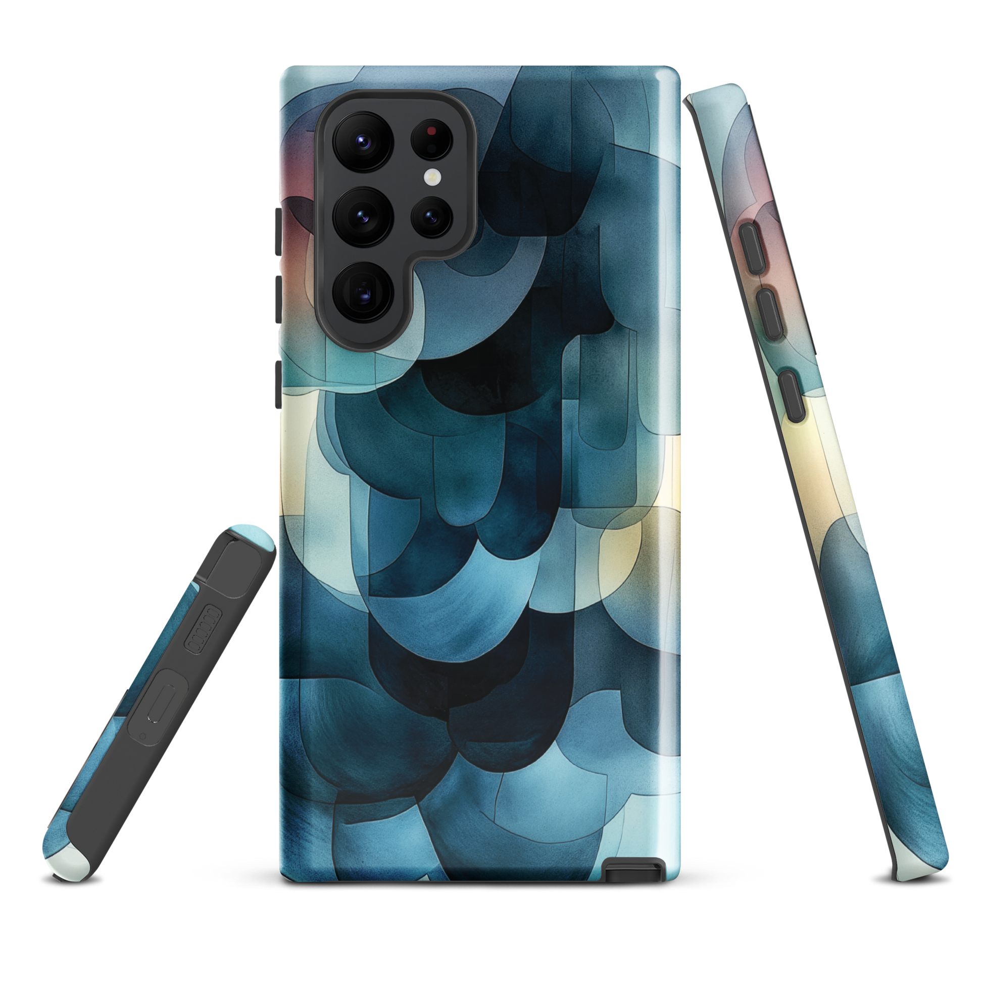 A modern abstract phone case featuring layered blue forms and soft flowing shapes.