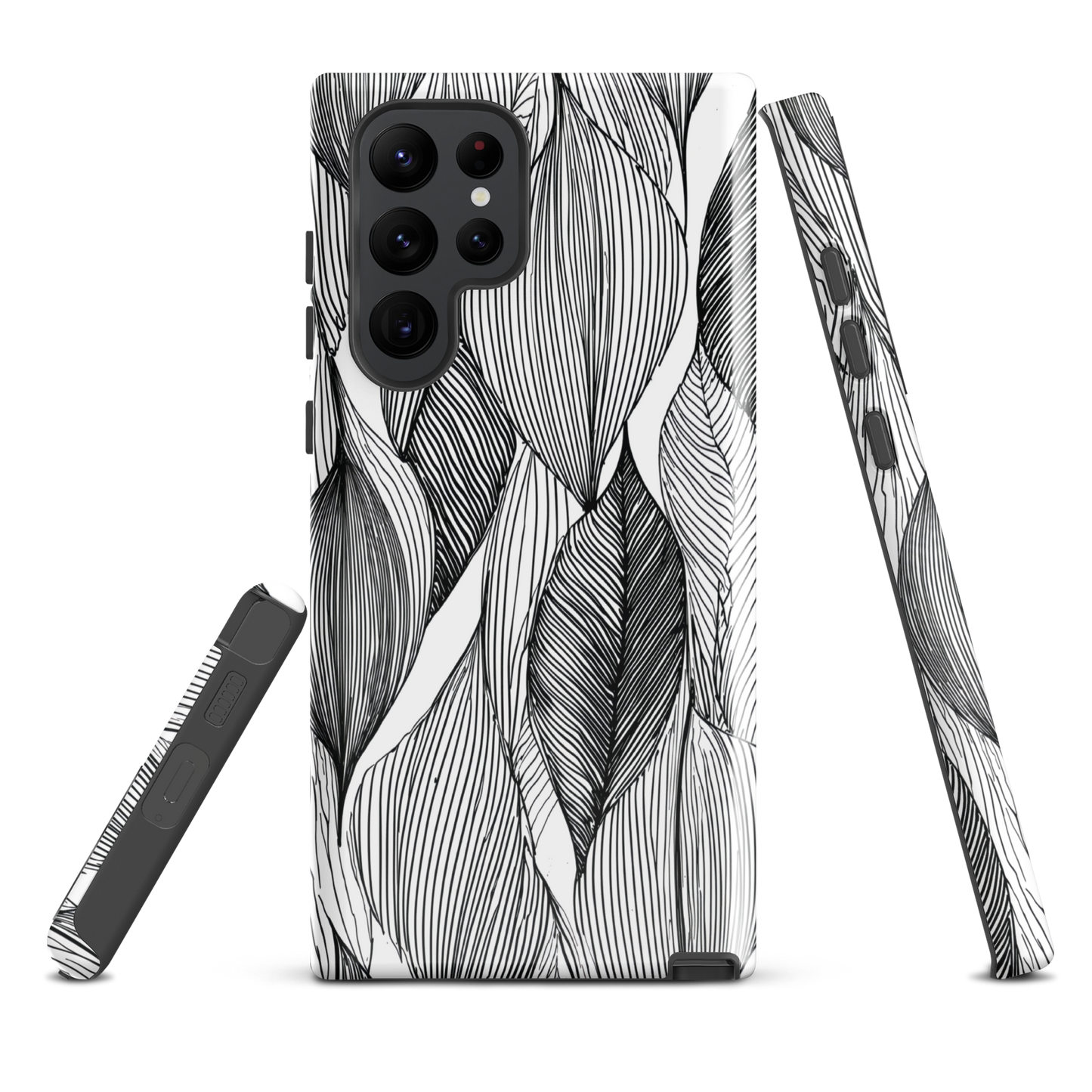 A minimalist phone case featuring fine black botanical linework in a repeating leaf pattern.