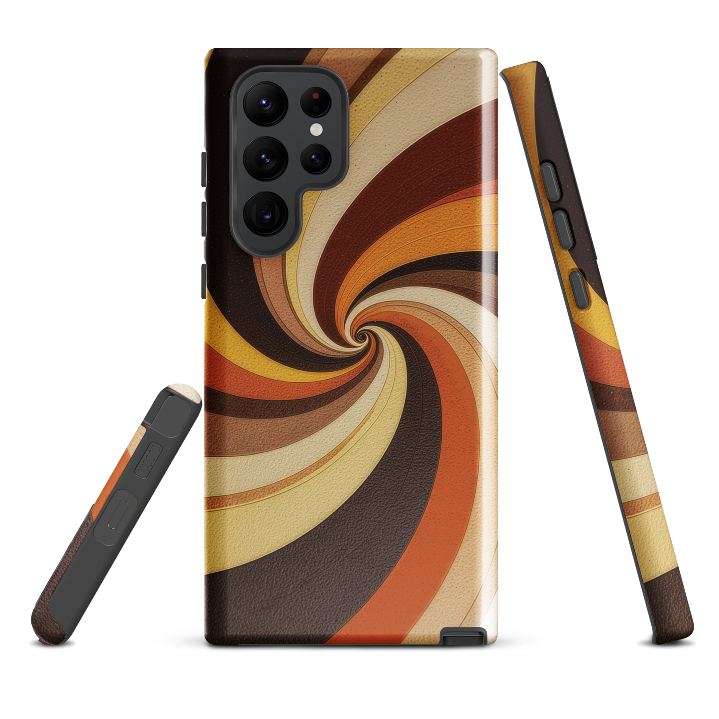 A retro-inspired phone case featuring warm swirling patterns in orange, yellow, and brown tones.
