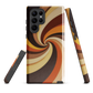 A retro-inspired phone case featuring warm swirling patterns in orange, yellow, and brown tones.