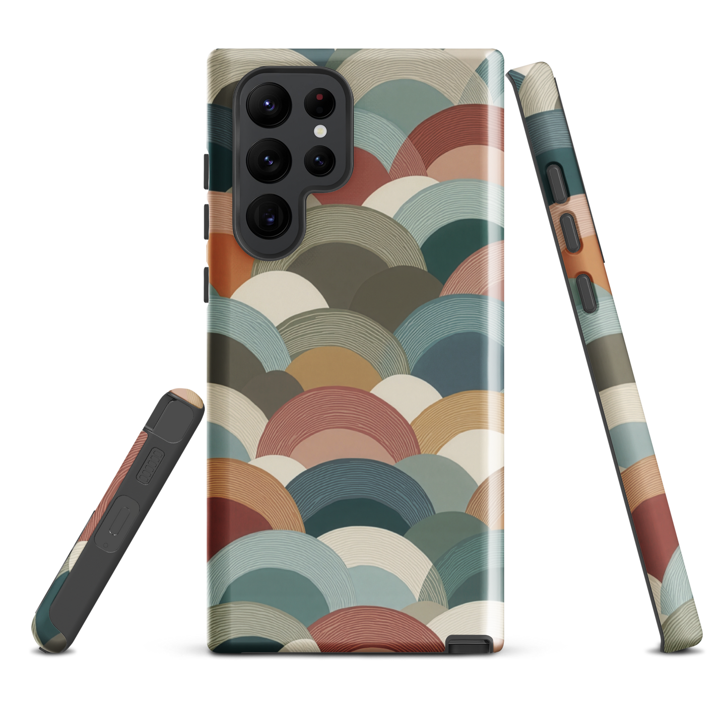 A soft retro-inspired phone case featuring layered arc shapes in warm, earthy tones.