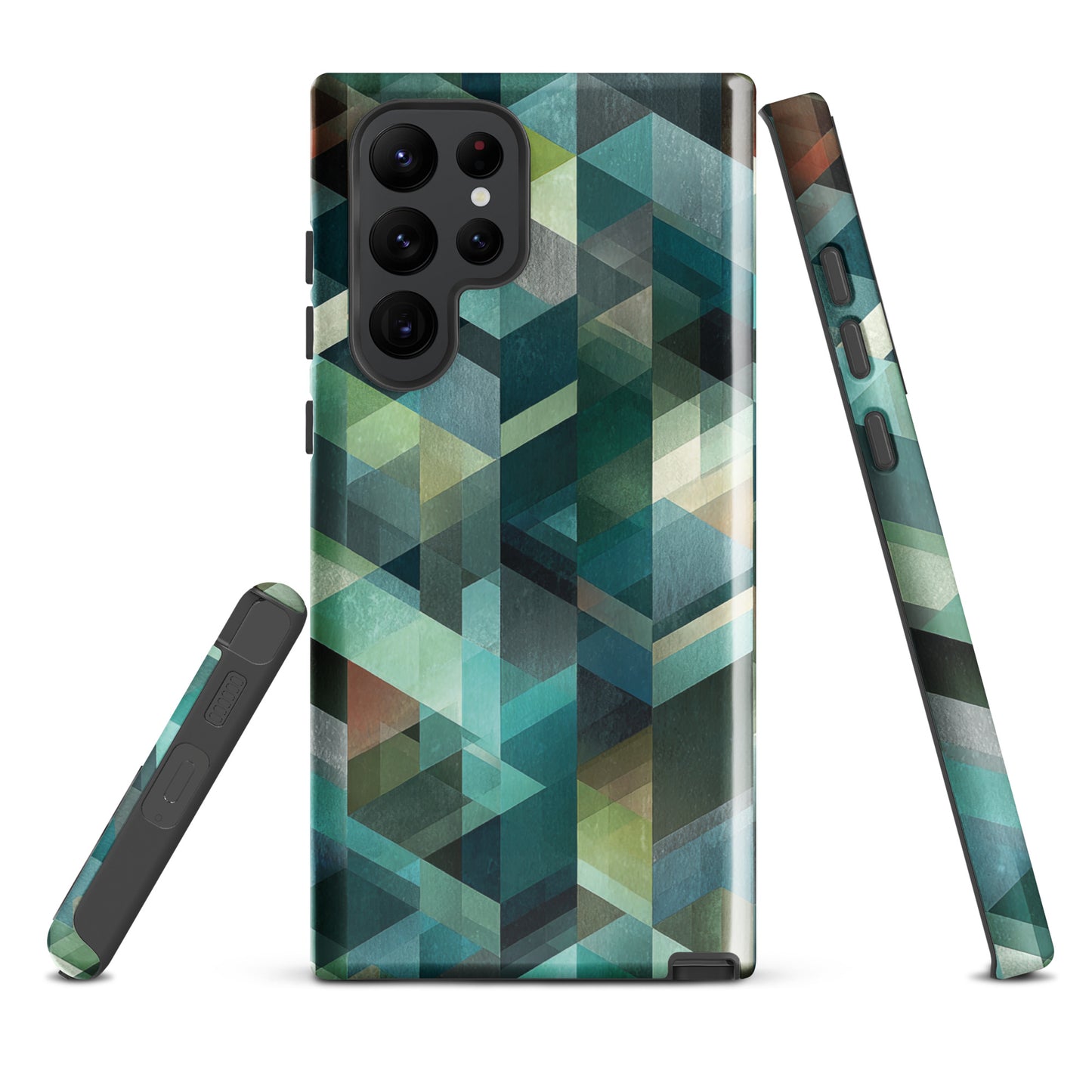 Modern abstract geometric phone case in teal and blue tones with layered retro-inspired shapes.