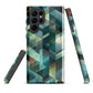 Modern abstract geometric phone case in teal and blue tones with layered retro-inspired shapes.