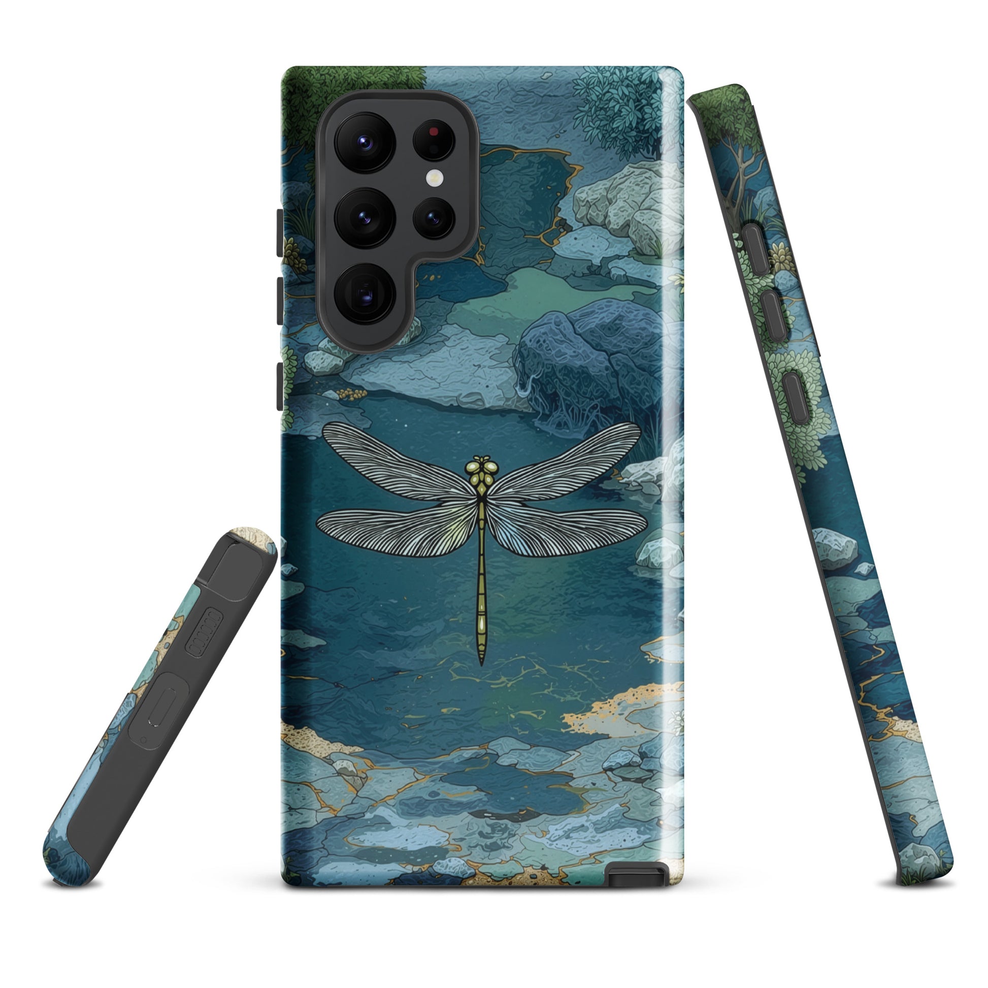 Nature-inspired phone case featuring a dragonfly over calm water with blue and green forest tones.