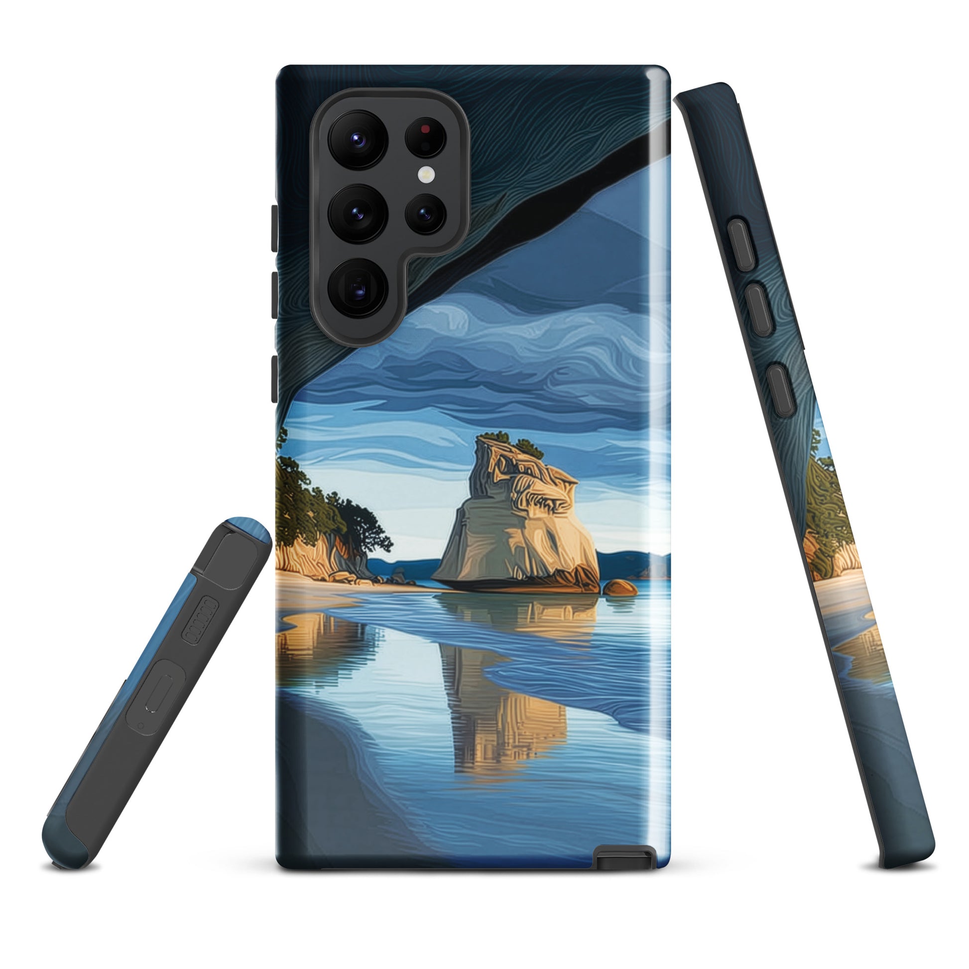 Artistic Cathedral Cove coastal designer phone case with arch rock, blue ocean and golden cliffs