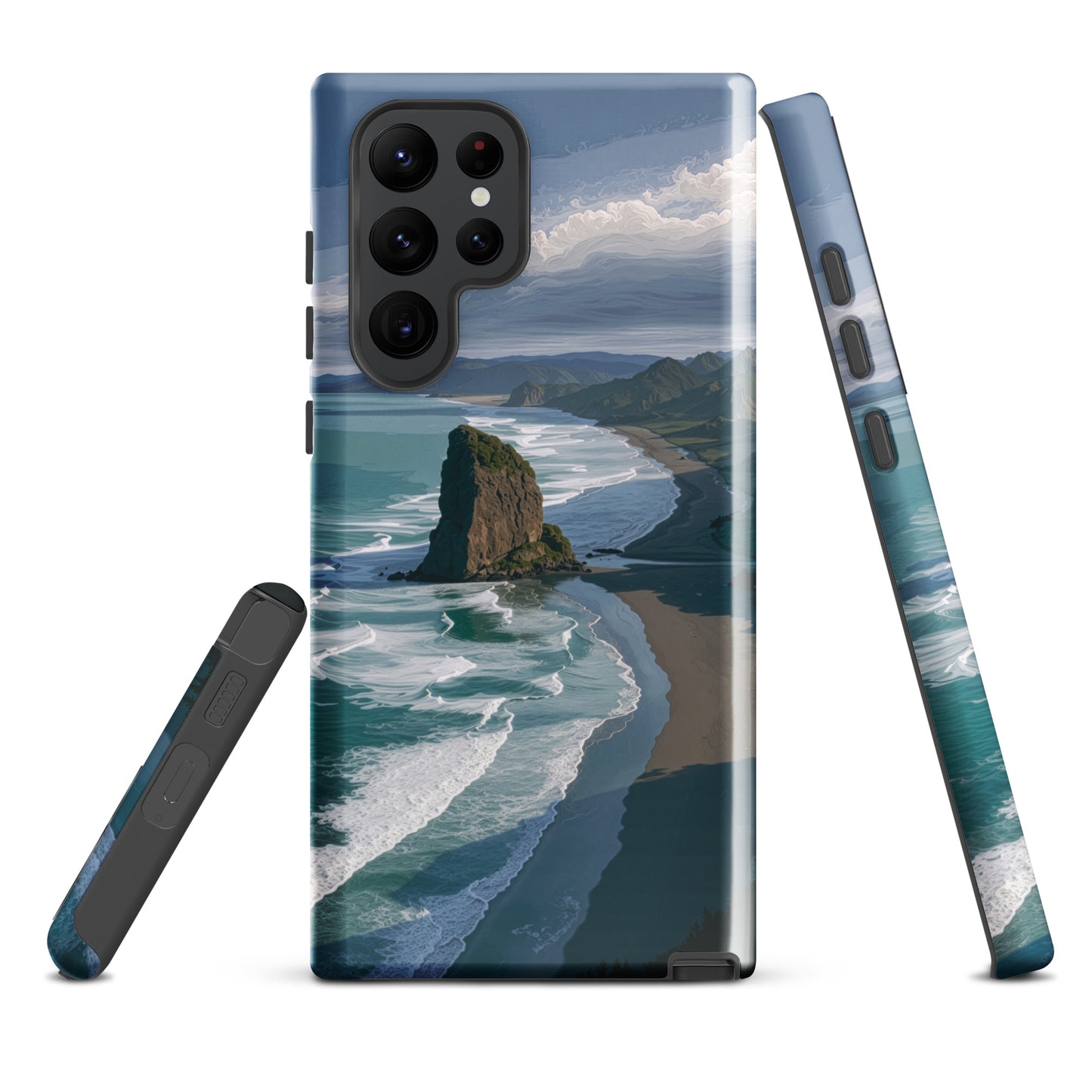 Piha Beach Lion Rock designer phone case with turquoise waves and dramatic NZ coastline