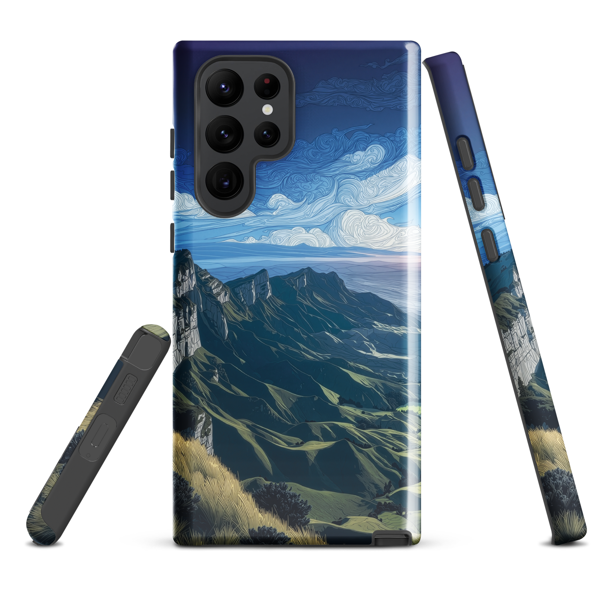 Te Mata Peak designer phone case with Hawke’s Bay cliffs, rolling green hills and dramatic swirling sky