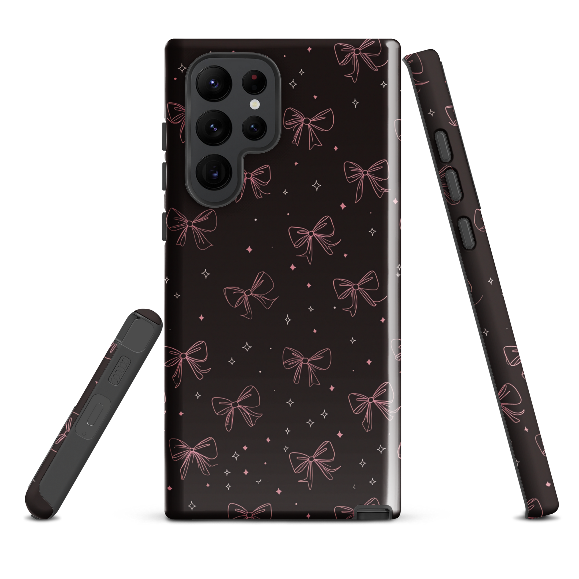 Midnight Bow seamless repeat pattern — pink hand-drawn ribbon bows and sparkle stars on a black background