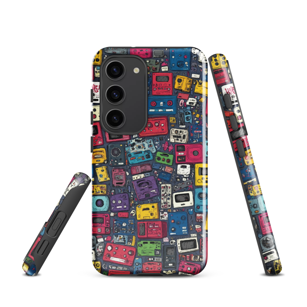 'Arcade' Samsung case, featuring a vibrant collage of hand-drawn controllers in bold, vintage-inspired colours. From electric blue and hot pink to classic black and yellow