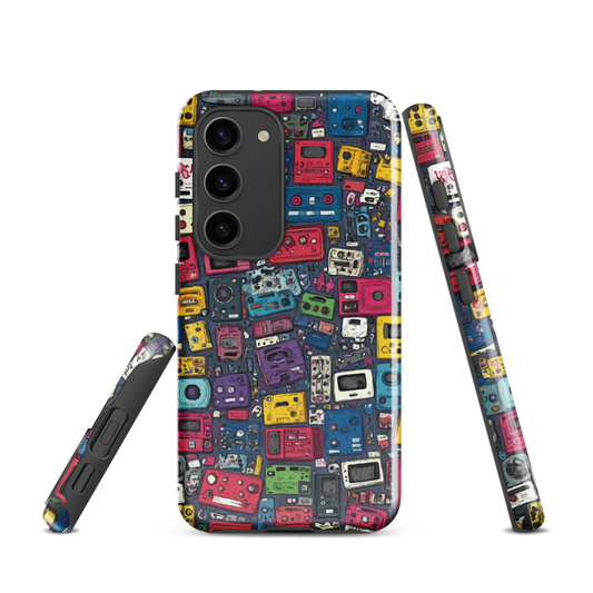 'Arcade' Samsung case, featuring a vibrant collage of hand-drawn controllers in bold, vintage-inspired colours. From electric blue and hot pink to classic black and yellow