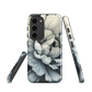 Black and white floral phone case featuring a soft, moody peony design by New Zealand artist Ben Hart.