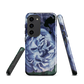 Designer phone case with a bold blue rose artwork and glossy finish.