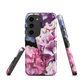Designer phone case with pink and purple hydrangea floral artwork.