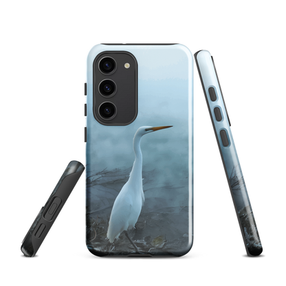 'White Heron in the mist' Samsung Galaxy S23 tough phone case - protective glossy case NZ Australia