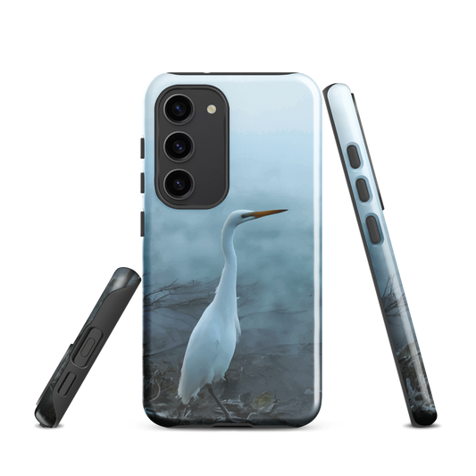 'White Heron in the mist' Samsung Galaxy S23 tough phone case - protective glossy case NZ Australia