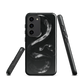 Phone case with detailed black python design on dark background.
