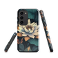 Phone case with ivory water lily, green leaves, and butterfly accents on dark background