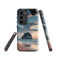 Phone case with Cathedral Cove beach and sunset scene, featuring soft skies and sea stack, by NZ artist Ben Hart.