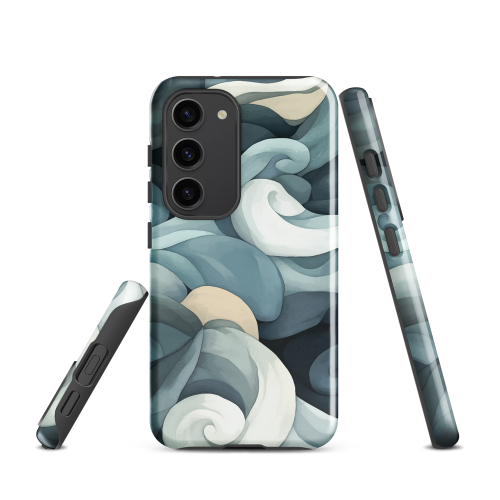 Phone case with abstract swirling ocean waves in blue and cream