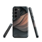 Phone case with flowing abstract design in black, copper and charcoal tones, inspired by dusk shadows