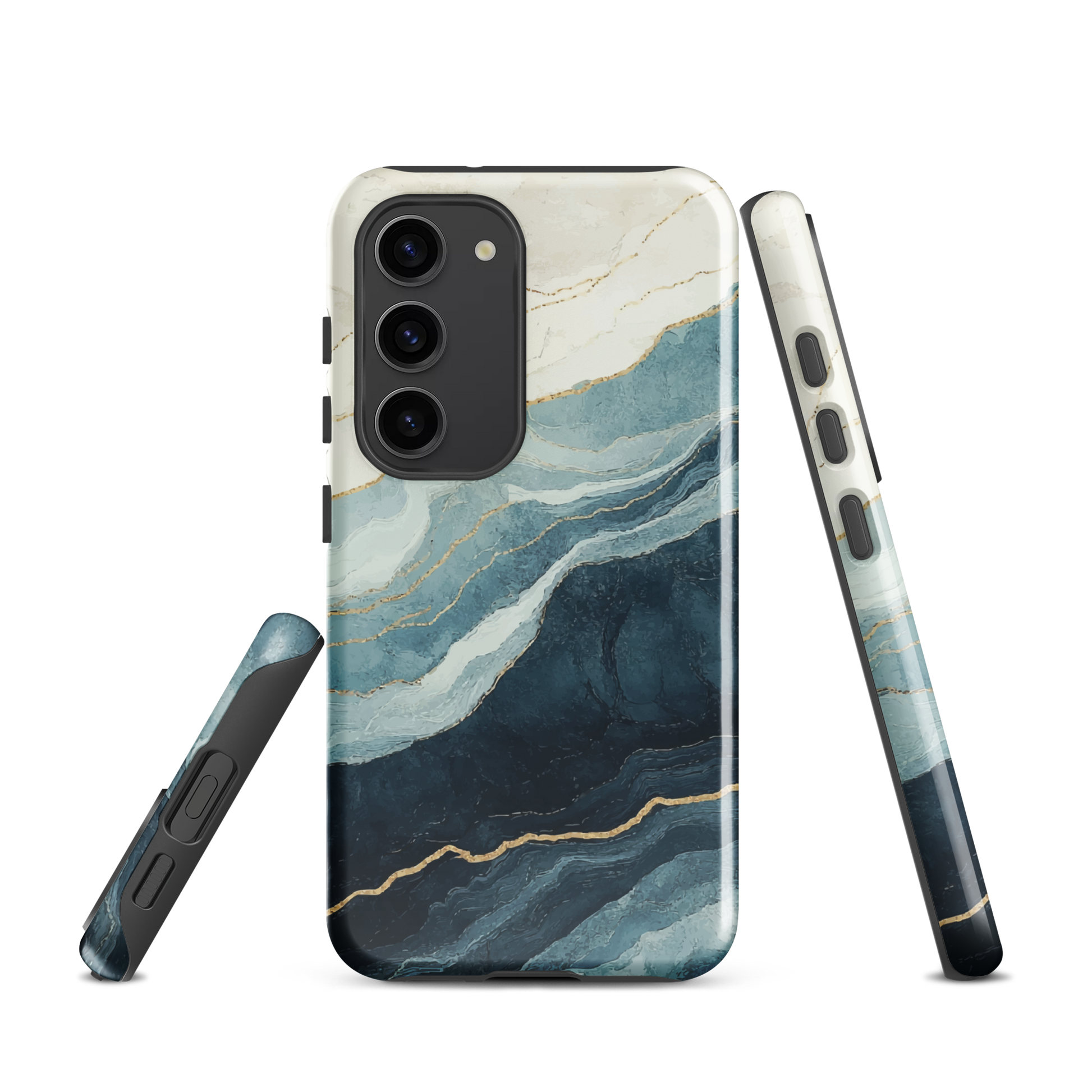 An elegant abstract phone case inspired by layered coastal forms in blue and teal tones.