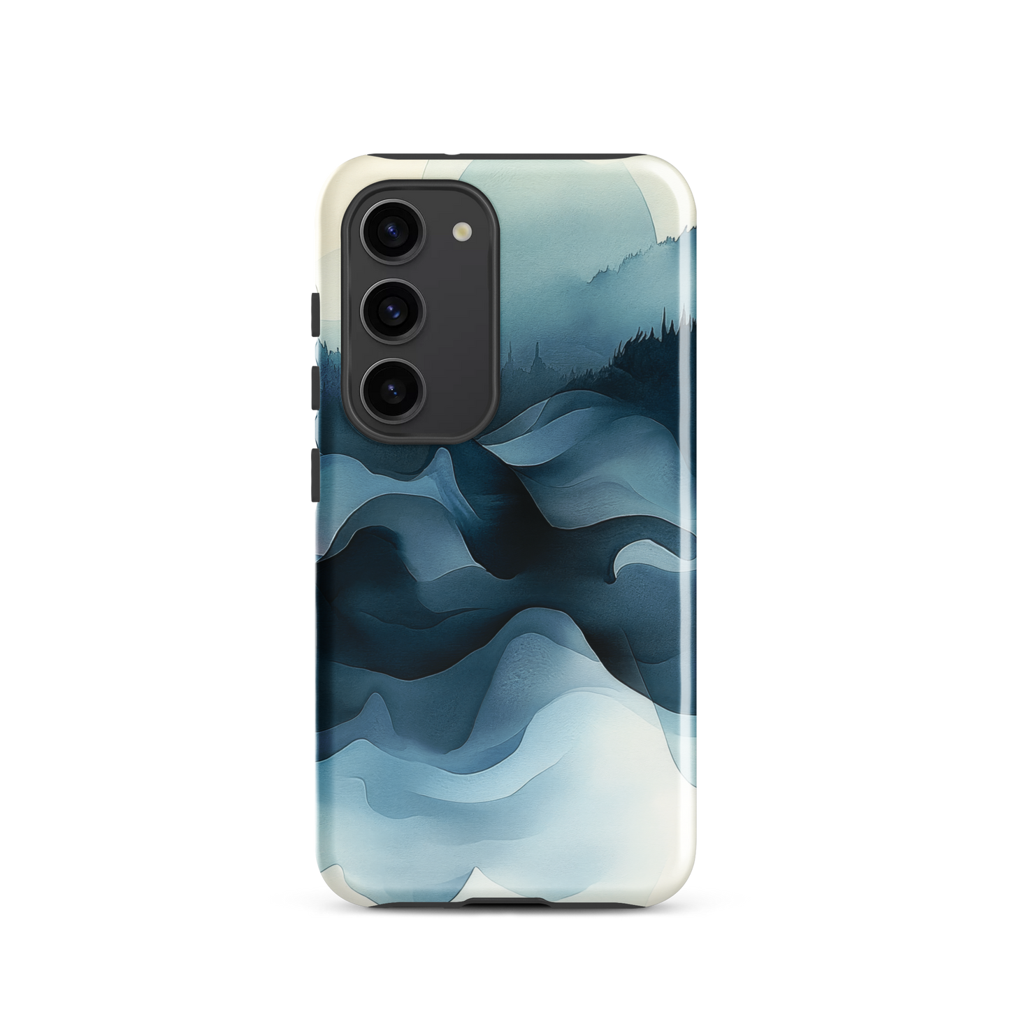 A calming abstract landscape phone case inspired by quiet valleys and soft blue tones.