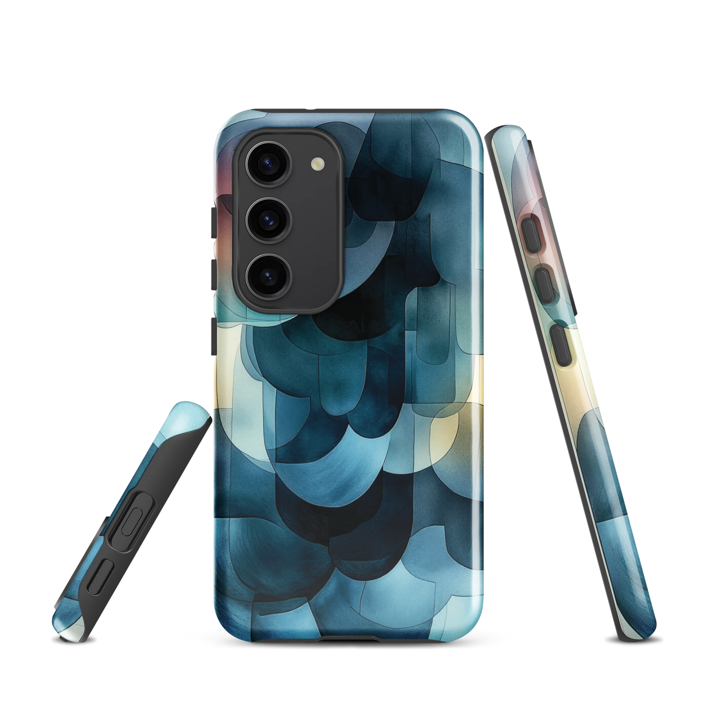 A modern abstract phone case featuring layered blue forms and soft flowing shapes.