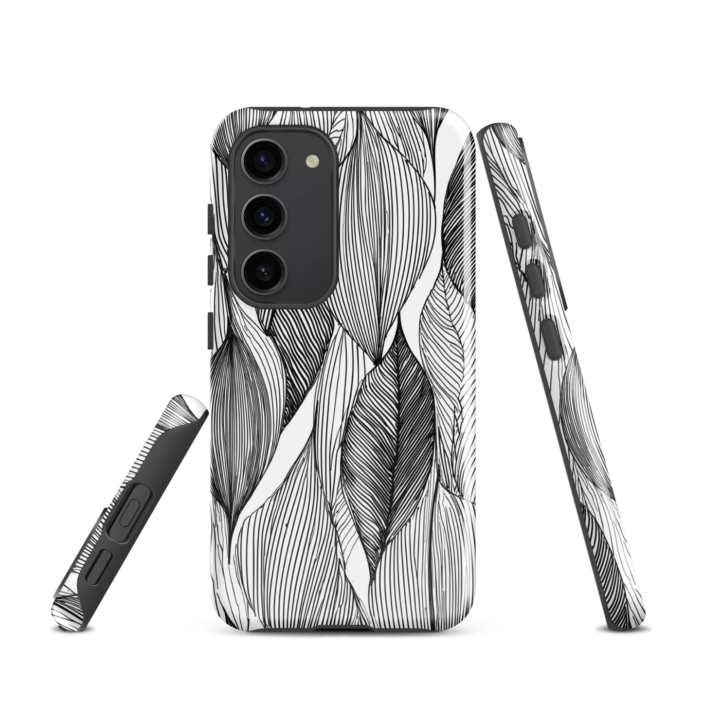 A minimalist phone case featuring fine black botanical linework in a repeating leaf pattern.