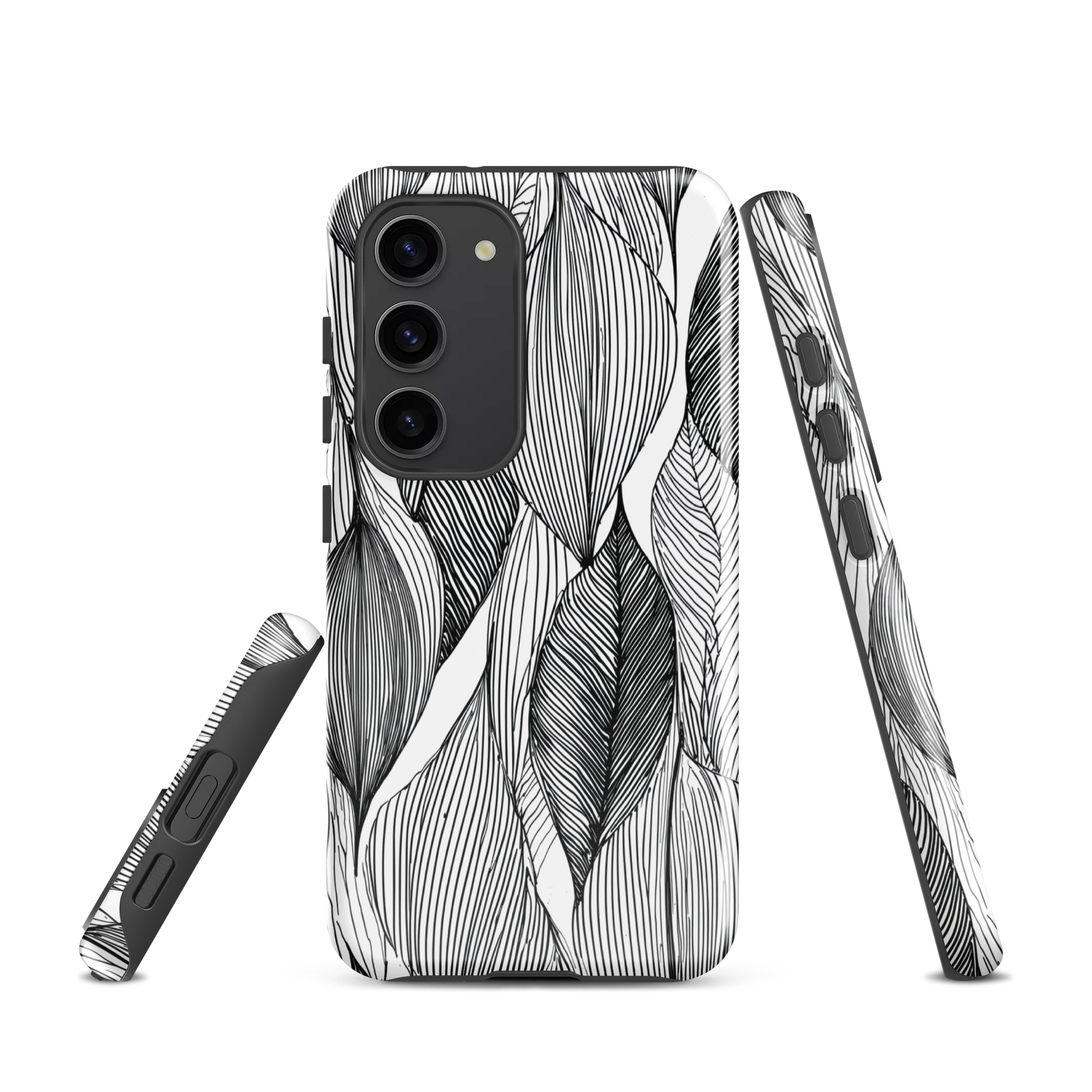 A minimalist phone case featuring fine black botanical linework in a repeating leaf pattern.