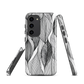 A minimalist phone case featuring fine black botanical linework in a repeating leaf pattern.