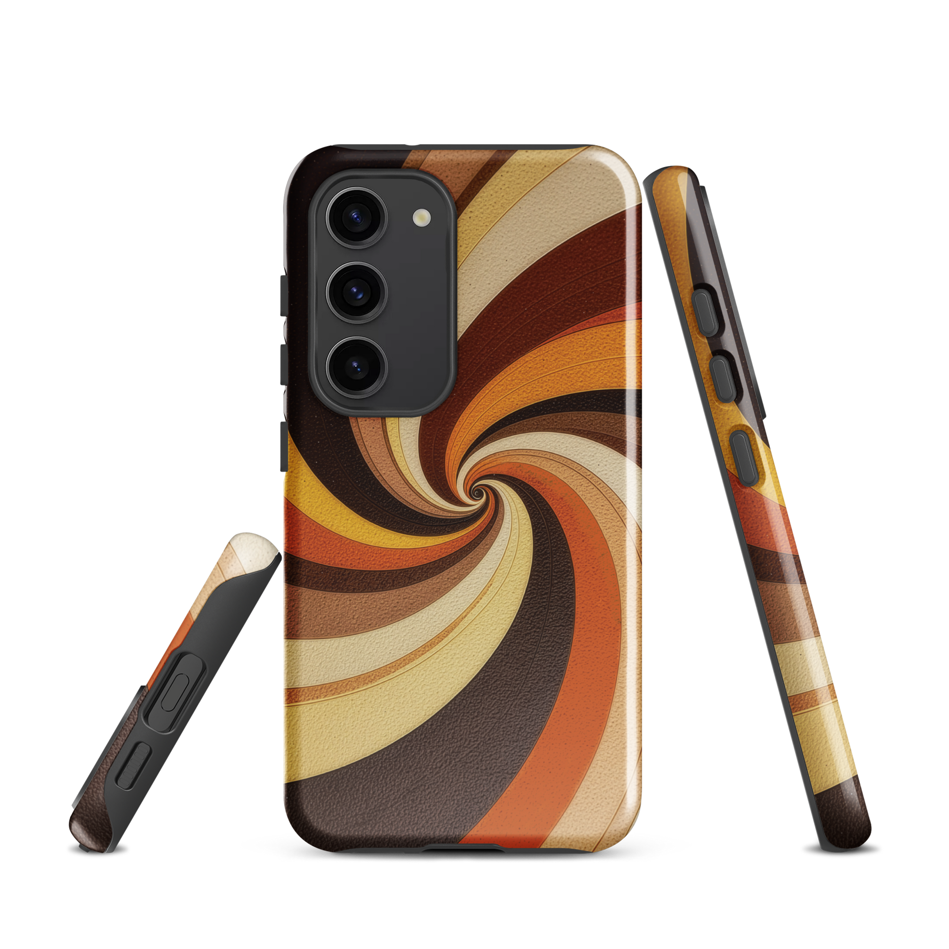 A retro-inspired phone case featuring warm swirling patterns in orange, yellow, and brown tones.