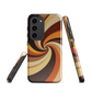 A retro-inspired phone case featuring warm swirling patterns in orange, yellow, and brown tones.