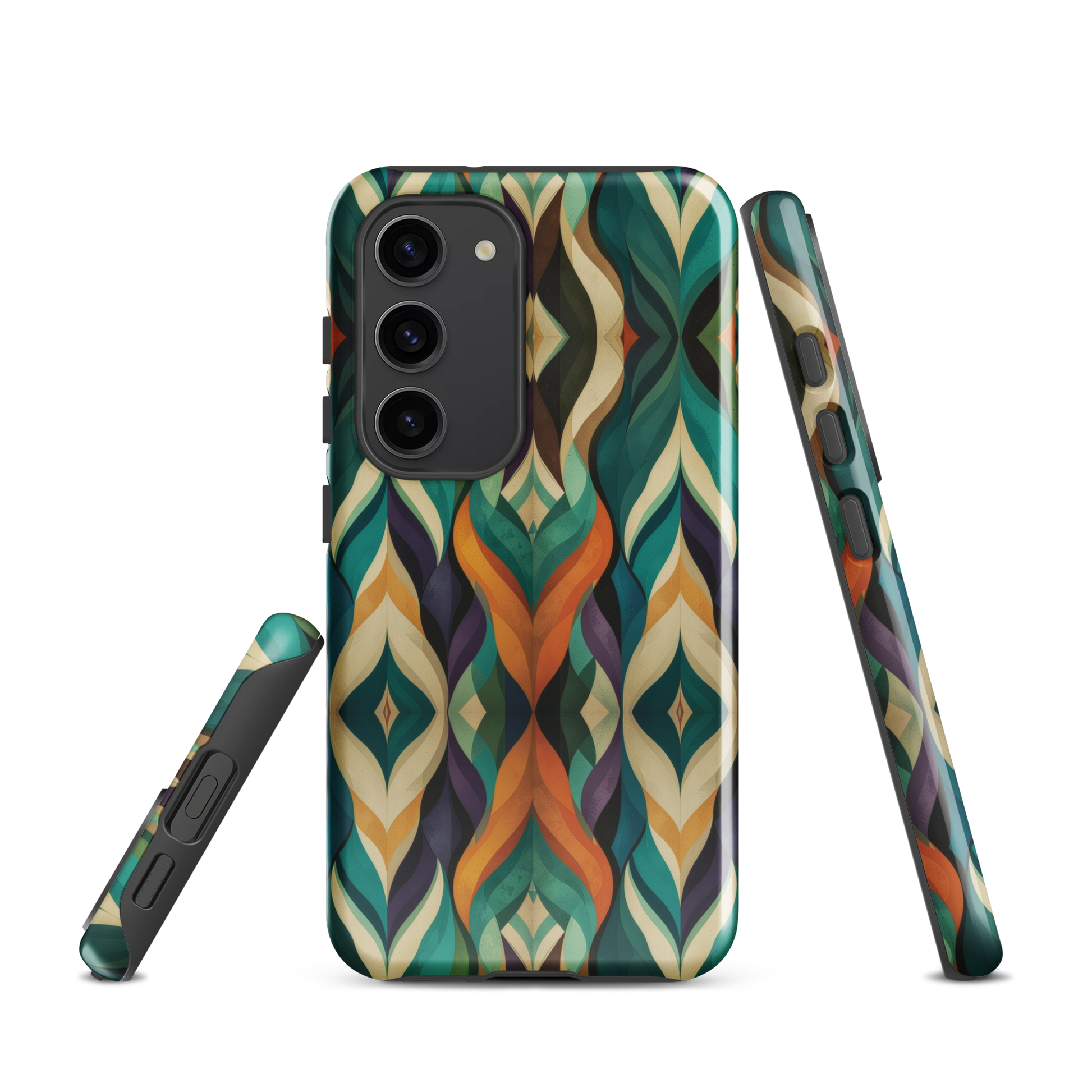 A bold geometric phone case featuring layered shapes in rich, earthy tones.