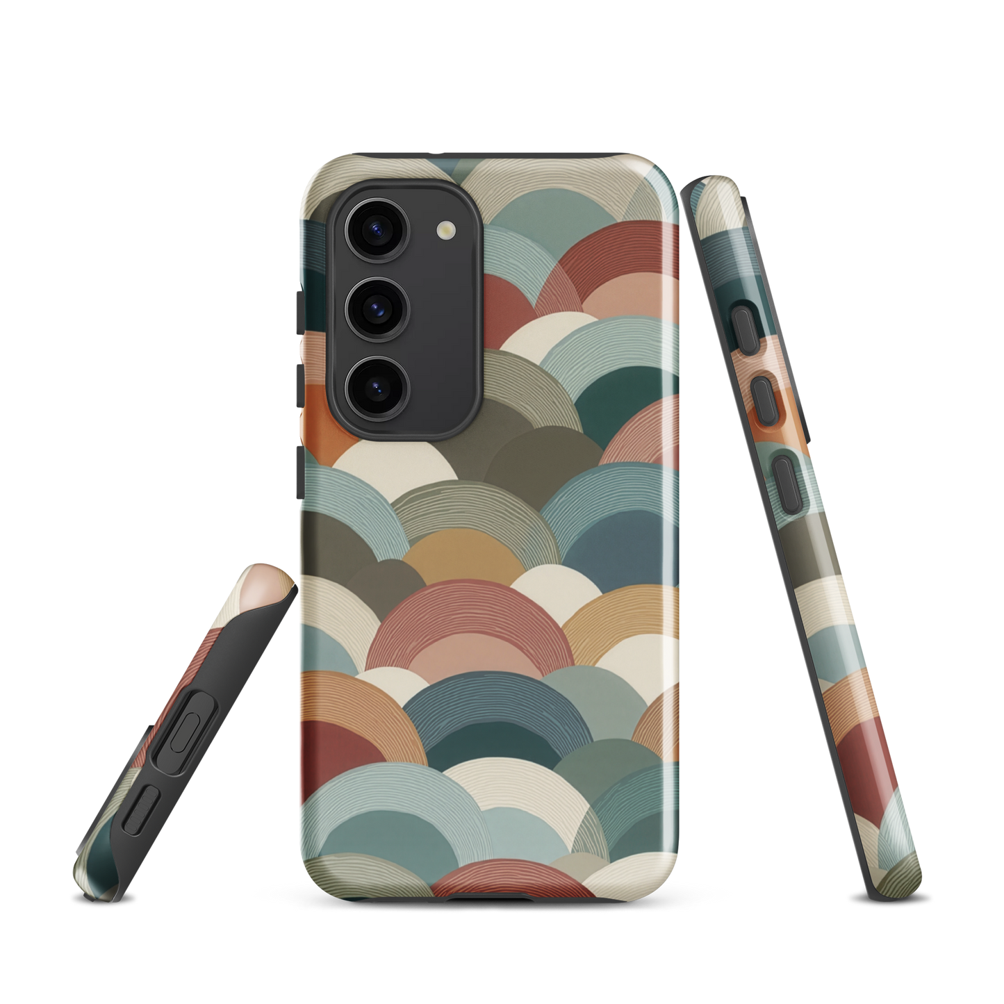 A soft retro-inspired phone case featuring layered arc shapes in warm, earthy tones.