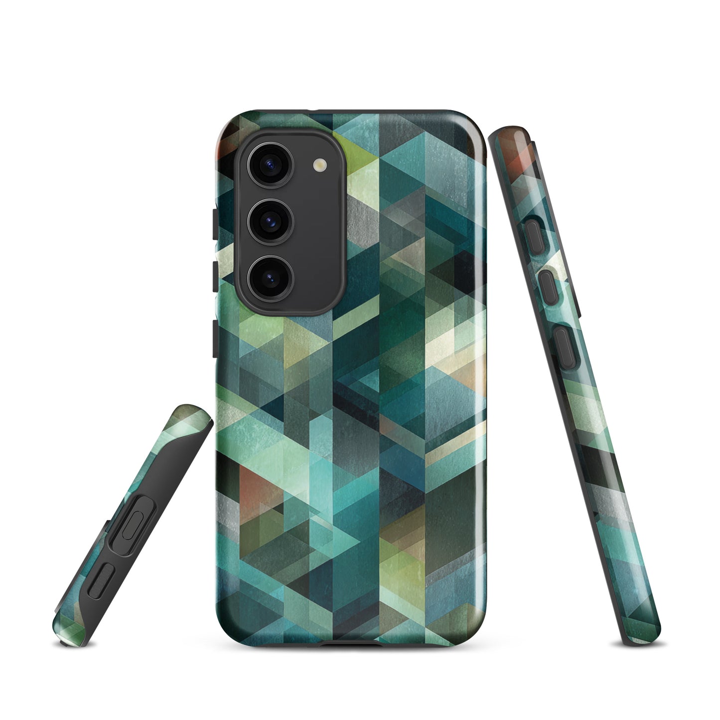 Modern abstract geometric phone case in teal and blue tones with layered retro-inspired shapes.