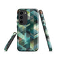 Modern abstract geometric phone case in teal and blue tones with layered retro-inspired shapes.