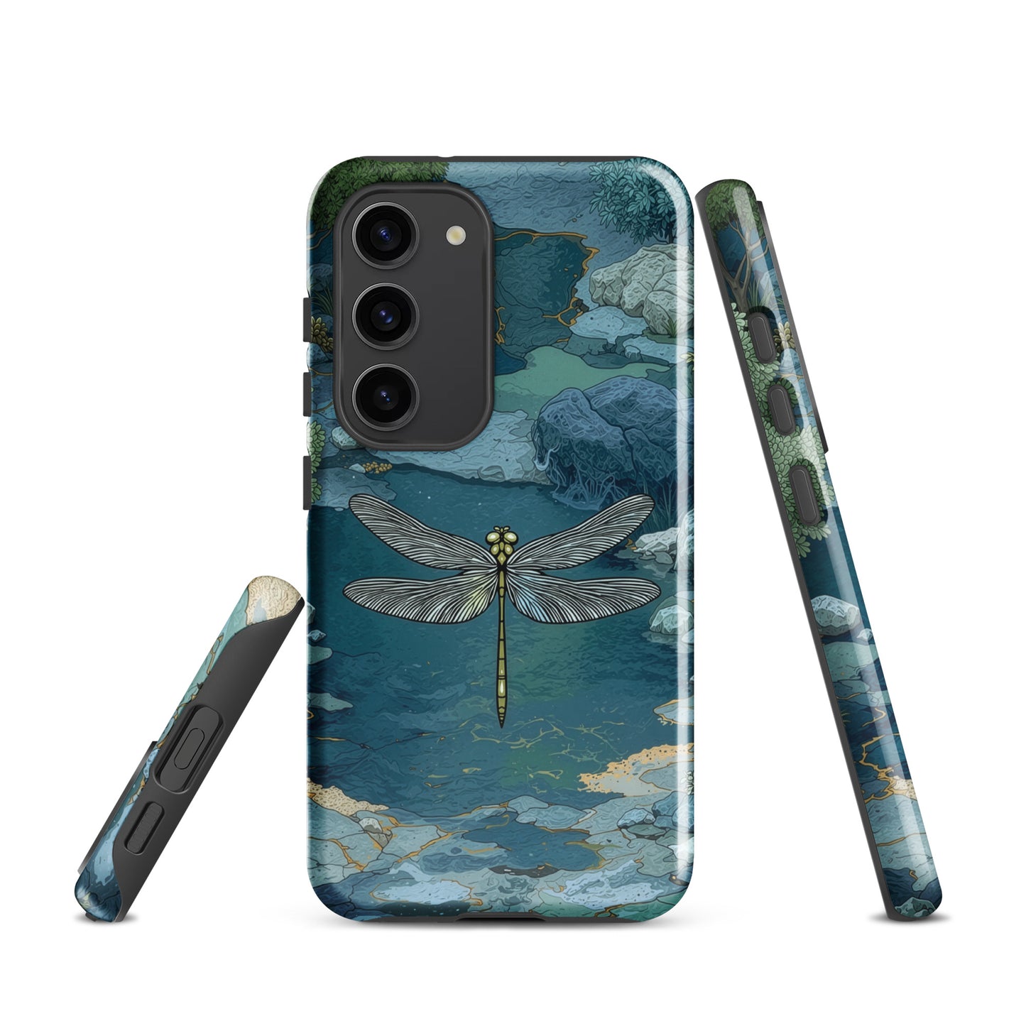 Nature-inspired phone case featuring a dragonfly over calm water with blue and green forest tones.