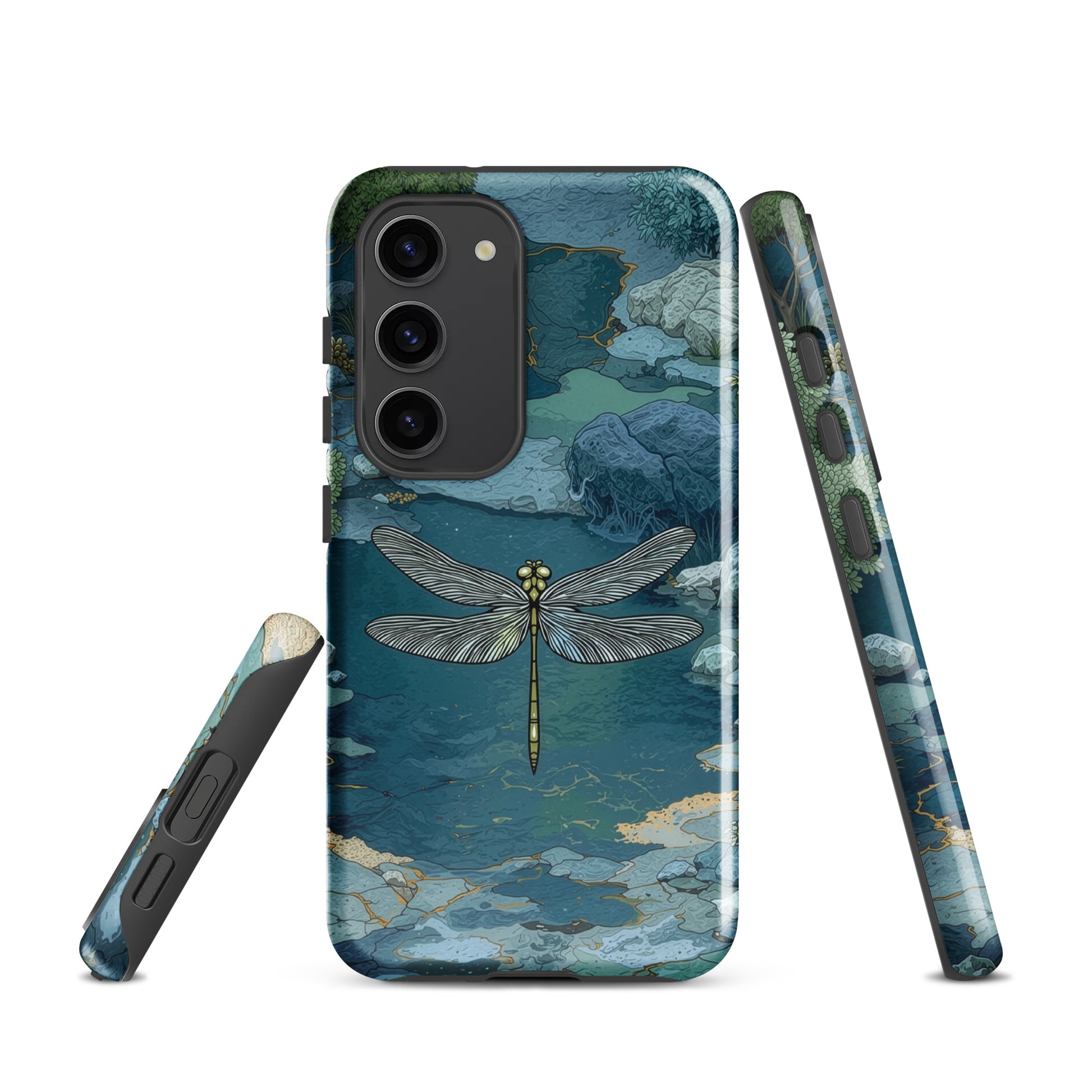 Nature-inspired phone case featuring a dragonfly over calm water with blue and green forest tones.