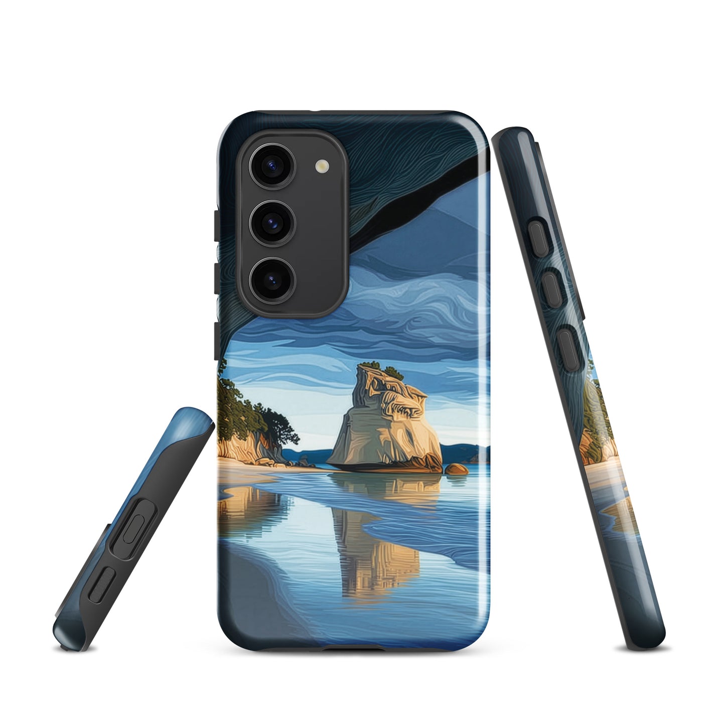 Artistic Cathedral Cove coastal designer phone case with arch rock, blue ocean and golden cliffs