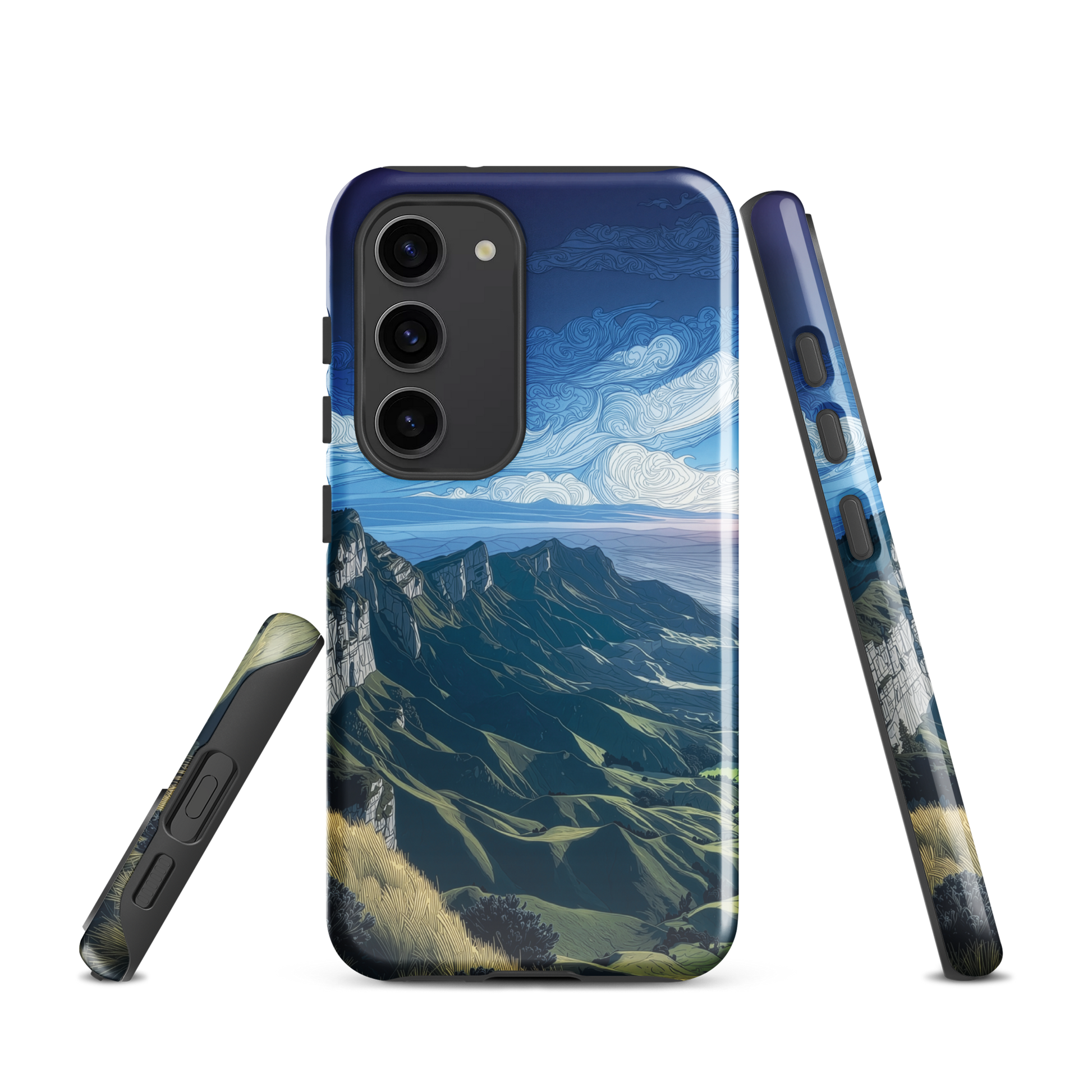 Te Mata Peak designer phone case with Hawke’s Bay cliffs, rolling green hills and dramatic swirling sky