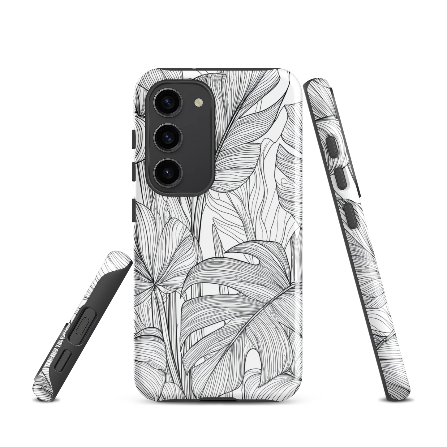 Minimal black and white tropical leaf designer phone case with detailed botanical line art