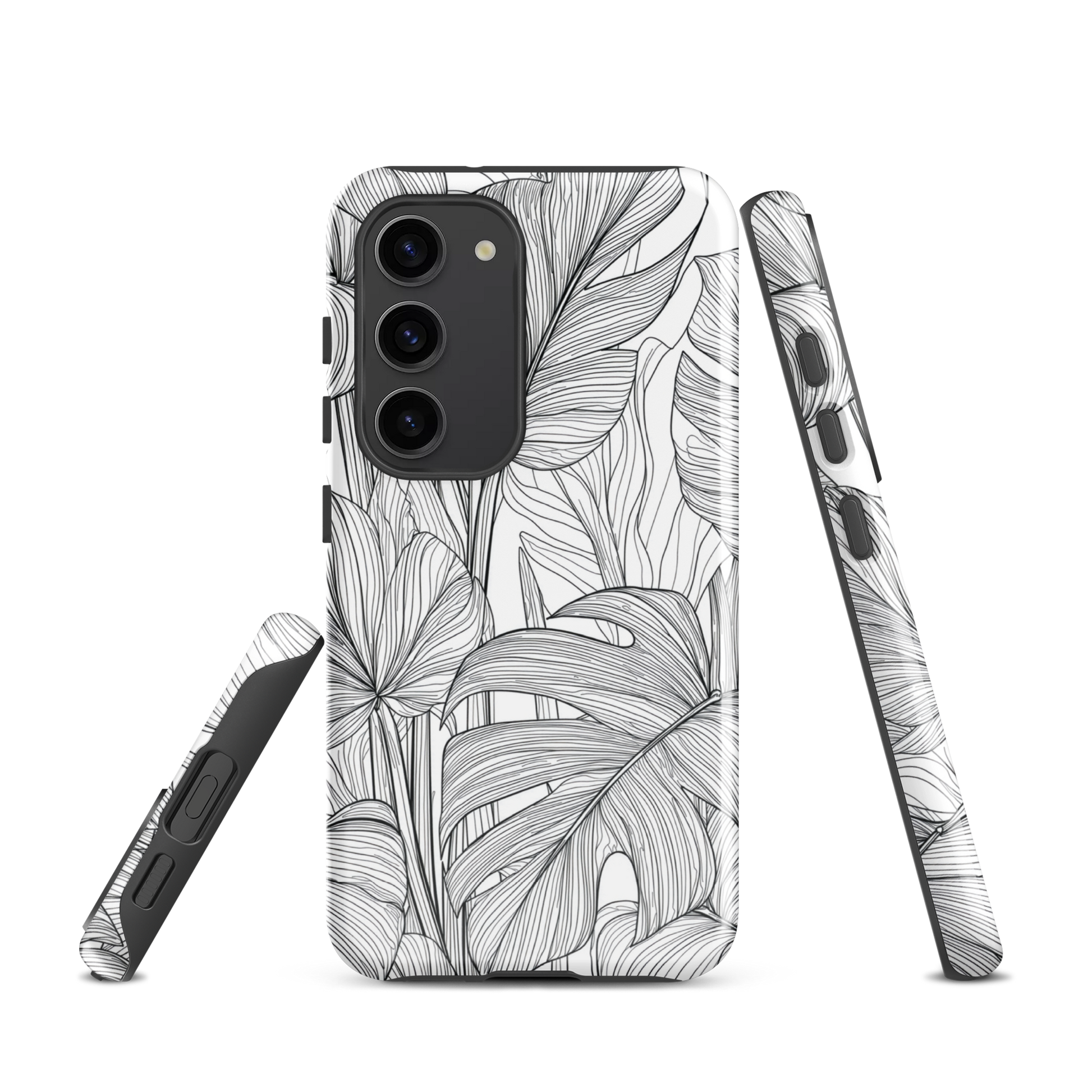 Minimal black and white tropical leaf designer phone case with detailed botanical line art